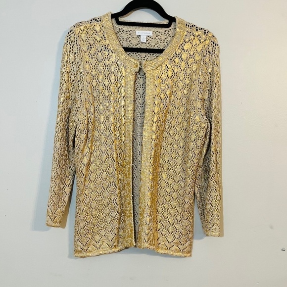 Charter Club Sweater Women L Tan Floral Cardigan Retro Western Boho Festival 80s - Picture 7 of 9